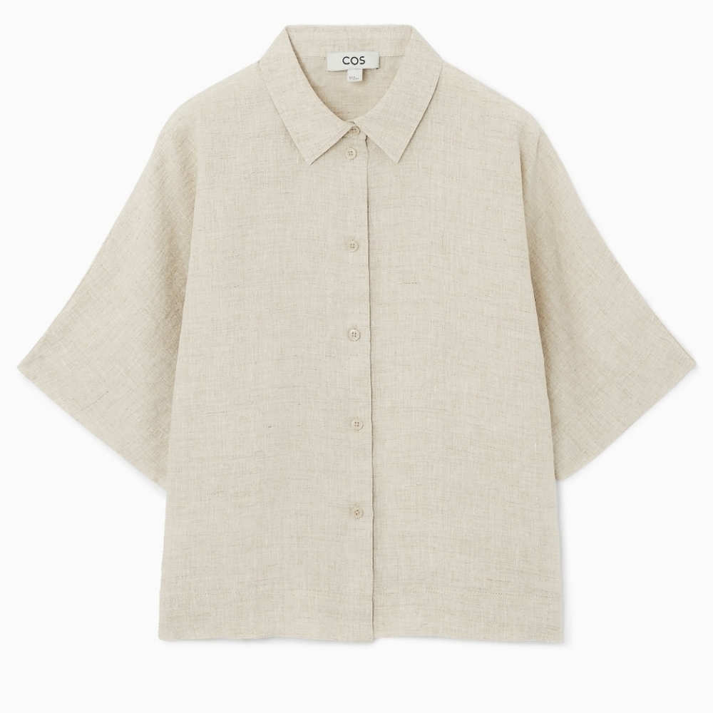 COS Beige Short-Sleeve Button-Down Linen Shirt